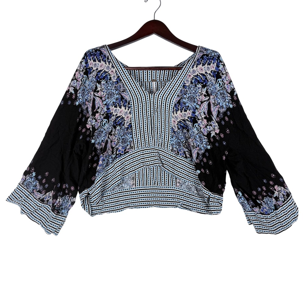 Free People Top Women Small Floral Striped Bell Sleeve Boho Festival OB1079916